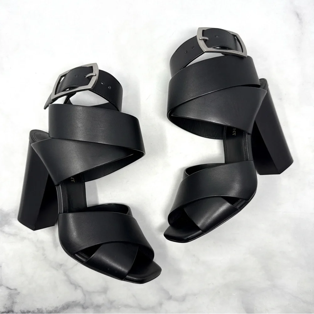 Saint Laurent Oak 100 Buckle Strappy Square Toe Sandal Block Heels Glam Black 36 - Picture 3 of 15